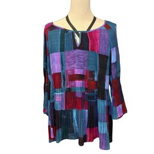 Womens Geometric Colorblock Pleated Tunic Top Purple Teal Keyhole Long Sleeve